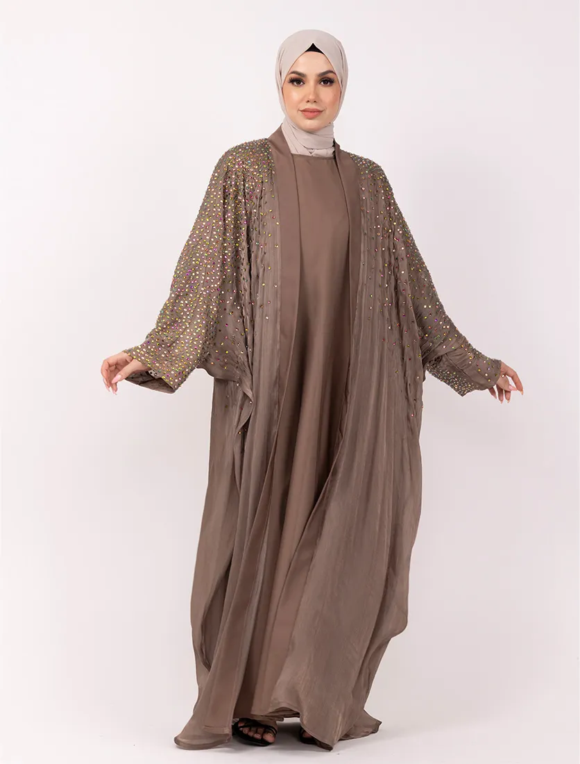 Mocha Multi Crystal Embellished Sheer Overlay Abaya
